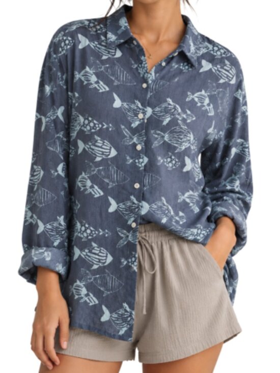 Hiho Tops - HIHO Vicky Fish Print Button Down Shirt Blue Gray Women's Size M Summer Vacation